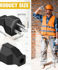 20 Pack Male Extension Cord Ends 125V 15A NEMA 5 15P Straight Plug Replacement 2 Pole 3 Wire Connector Set Compatible with NEMA 5 15P 1875W Quick Swap Premium Quality shown with dimensions and a construction worker.