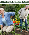 Comparison of woman kneeling and man using Heavy Duty Garden Weeding Tool With Hollow Blade And 58 Inch Adjustable Handle