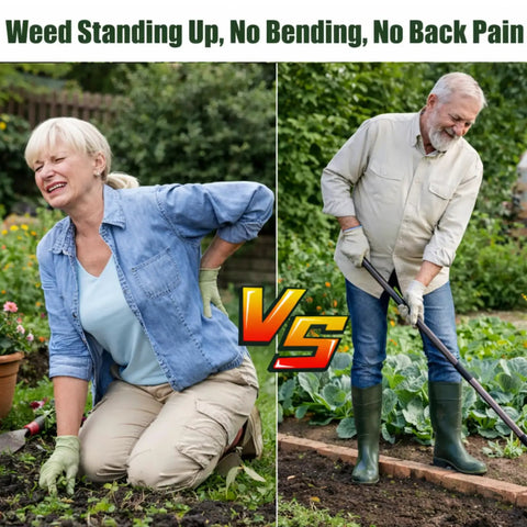 Comparison of woman kneeling and man using Heavy Duty Garden Weeding Tool With Hollow Blade And 58 Inch Adjustable Handle
