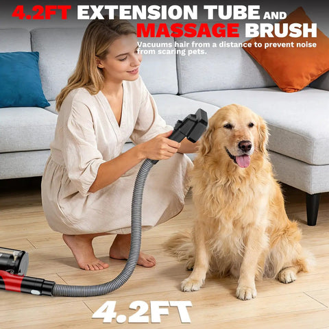 Woman using M18 Battery Compatible Cordless Vacuum Cleaner 8 In 1 Stick Vac With Pet Brush on dog's fur indoors