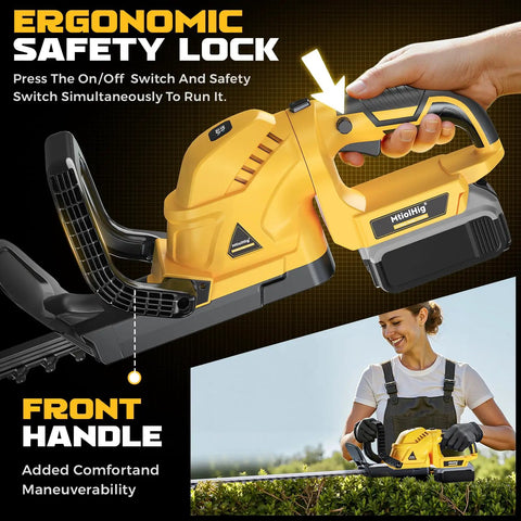 Cordless Hedge Trimmer Beast With 22-Inch Dual-Action Blade, ergonomic handle, shown in use by a person trimming hedges