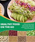 Plate with avocado slices, sprouts, and vegetables above text about healthy food and seeds, related to Stackable Seed Sprouting Kit.