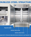 Heavy Duty Commercial Upright Freezer Rocking Slick Digital Temp Display Eight High Capacity Shelves Kickass Auto Defrost And Forty Nine Cubic Feet Of Storage stainless steel interior with adjustable shelves and magnetic gasket.