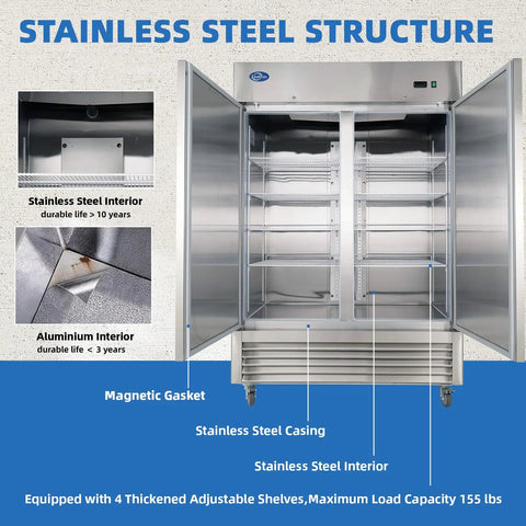 Heavy Duty Commercial Upright Freezer Rocking Slick Digital Temp Display Eight High Capacity Shelves Kickass Auto Defrost And Forty Nine Cubic Feet Of Storage stainless steel interior with adjustable shelves and magnetic gasket.