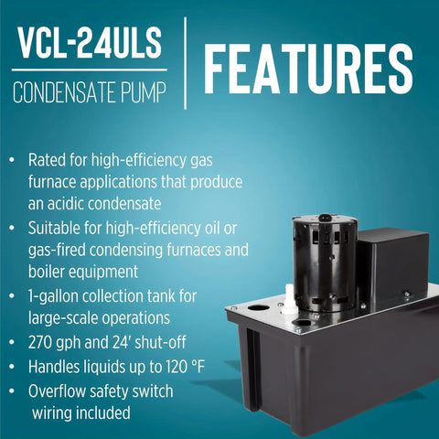 Heavy Duty Condensate Removal Pump With 1 Gallon Tank, Automatic Safety Switch, 6 Foot Cord, 115 Volt, 0.0556 HP, 270 GPH, Black