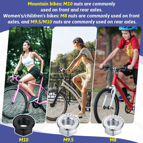 24Pcs Bicycle Axle Nut Kit With Safety Washers For M8 M9.5 M10 Hubs; bikes showcasing nut usage, alloy steel nuts inset