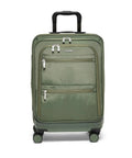 Wave 22 Inch Four Wheel Hybrid Carry On Luggage With Expandable Capacity Ultra Lightweight Cabin Suitcase Airline Approved Travel Ready Carry On With Wheels Airport Ready 35 Liter Interior in green with front pockets and handle.