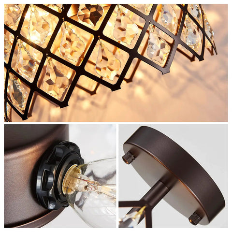 Close-up of Crystal Chandelier 3 Light Pendant Ceiling Light Modern Fixture details, oil rubbed bronze finish, clear glass shade.