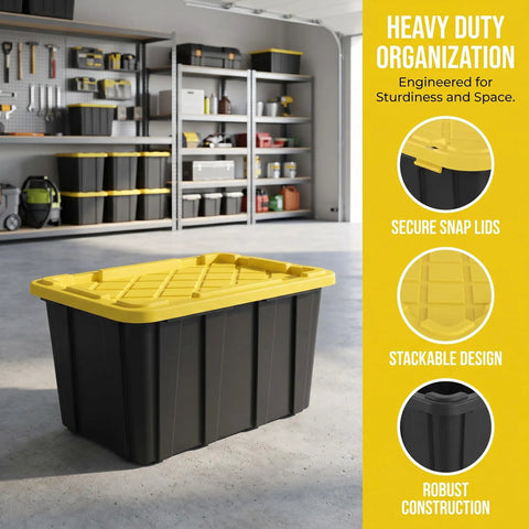 Badass Heavy Duty 6 Pack 27 Gallon Storage Bins Stackable Plastic Totes Snap Lids Black Containers Yellow Latches Garage Home Organization No Sweat Clutter Solution For Any Space