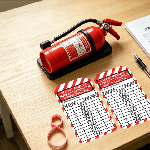 Fire extinguisher on table with 25 Pack Fire Extinguisher Tags With Adjustable Wire Ties For Monthly Inspections 2026 2033 visible