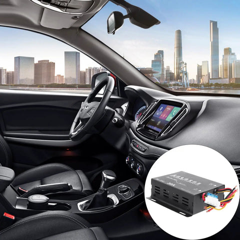 Interior of a car showing dashboard setup with 30A 360W Vehicle Voltage Converter 24V To 12V DC Power Supply With Memory Function inset