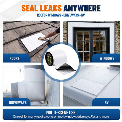 Heavy Duty Roof Repair Tape And Weatherproof Flashing Membrane To Patch Leaks On RV Gutters Windows And Siding Without A Sweat Long Lasting Tape Holds Up Great Through Rough Weather Seasons applied on roofs and windows, showing versatility.