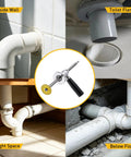 Pipe Cutter Tool With Diamond Grit Wheel And Handle For Inside Pipes Heavy Duty Pro Grade Stainless Steel Plumbing Hose Cutter For PVC ABS And Plastic Drill Use Half Inch To Eight Inch Pipes Seven Inch Adjustable Cutting Depth showing use in wall, toilet flange, tight space, and below floor situations.