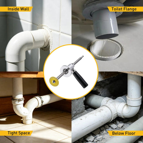 Pipe Cutter Tool With Diamond Grit Wheel And Handle For Inside Pipes Heavy Duty Pro Grade Stainless Steel Plumbing Hose Cutter For PVC ABS And Plastic Drill Use Half Inch To Eight Inch Pipes Seven Inch Adjustable Cutting Depth showing use in wall, toilet flange, tight space, and below floor situations.