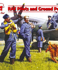 Plastic Military Aircraft Crew Figure Kit With RAF Pilots And Ground Crew From 1939 1945 depicting pilots, crew, and dog.