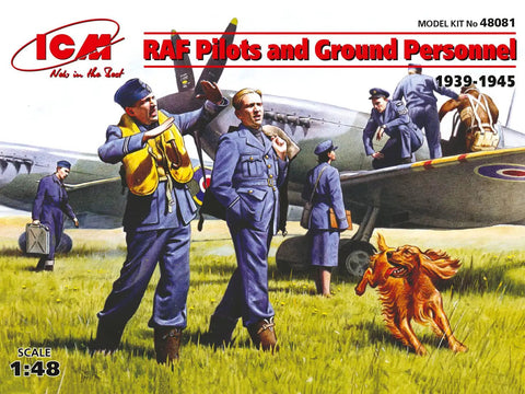 Plastic Military Aircraft Crew Figure Kit With RAF Pilots And Ground Crew From 1939 1945 depicting pilots, crew, and dog.