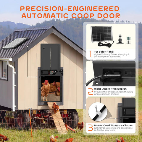 Built Tough Automatic Chicken Coop Door With 4000mAh Battery Solar Powered 7W Solar Panel Timer and Light Sensor in use on coop