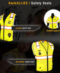 Display of KwikALLIES yellow safety vests, featuring reflective trim and multiple pockets.