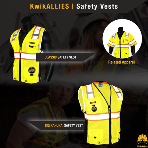 Display of KwikALLIES yellow safety vests, featuring reflective trim and multiple pockets.