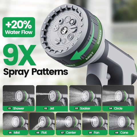 Garden hose spray nozzle showing 9 spray patterns, part of the Garden Retractable Hose Reel With Slow Return System