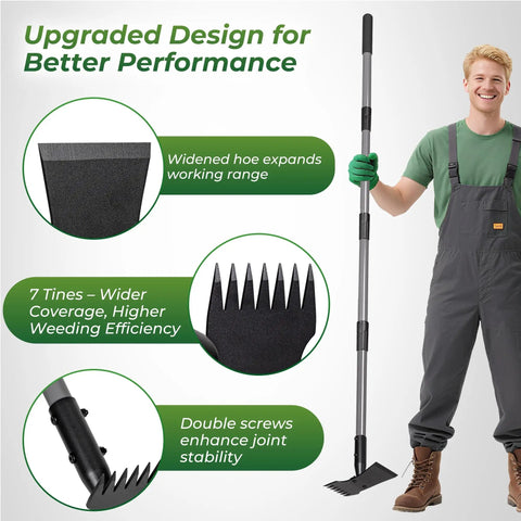 Two In One Weed Puller And Garden Hoe With Long Handle For Easy Weeding Heavy Duty Cast Steel Head And Stainless Shaft For Deep Root Dandelions And Crabgrass No Tool Switching Yard Tool, 7-tine head
