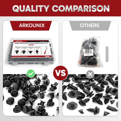 Quality comparison of All In One 121 Piece Bumper And Fender Liner Clip Kit with tool and other generic clips
