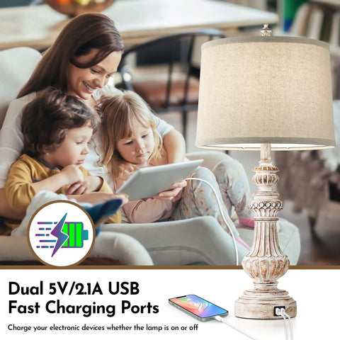 Vintage Vibe Table Lamps Set Of 2 With USB Ports and E26 Base, resin lamp with linen drum shade beside family on couch.