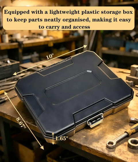 Top Shelf 230 Piece Titanium Twist Drill Bit Kit Featuring 135 Degree Split Points For Wood Metal Plastic And Alloy. Quick Penetration With U-Flute Chip Evacuation And Stable Straight Shank Design To Prevent Walking. Perfect Heavy Duty Tool Set Stored In black plastic storage box, 10-inch case