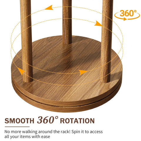 360-degree rotating base of Rotating Coat Rack Freestanding Solid Wood Tree With 9 Hooks And 3 Shelves For Purses Bags Jackets