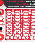 Front view of Amazon red CNC-machined aluminum bolt thread gauge with standard and metric scales; 20 standard, 16 metric, 19 drill gauges.