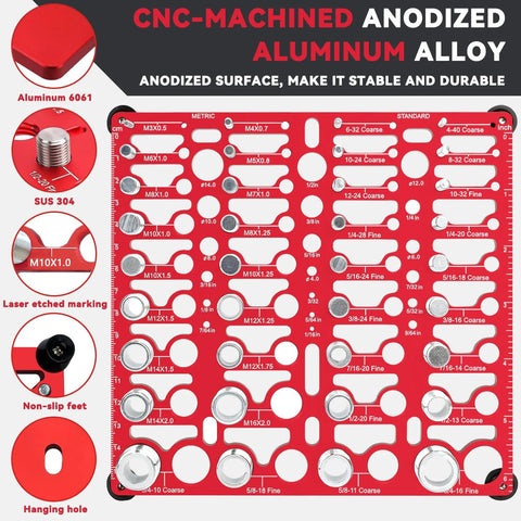 Front view of Amazon red CNC-machined aluminum bolt thread gauge with standard and metric scales; 20 standard, 16 metric, 19 drill gauges.