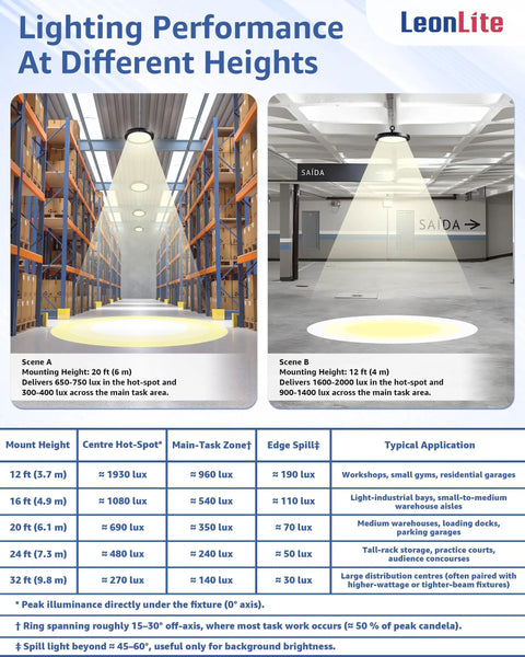 Lighting performance chart for UFO LED High Bay Light 150W 21,700 Lumens 5000K in warehouse and gym settings