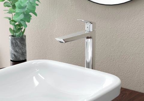 Logis Fine Single Hole Bathroom Faucet Chrome High Arc Spout For Vanity Sink 1.2 GPM Water Saving next to white sink