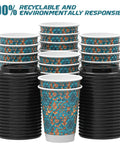 Hella Sturdy Double Wall Paper Coffee Cups With Leak Proof Lids 100 Pack 12 Oz textured design stacked with lids.
