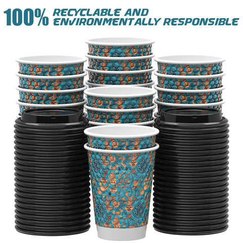 Hella Sturdy Double Wall Paper Coffee Cups With Leak Proof Lids 100 Pack 12 Oz textured design stacked with lids.