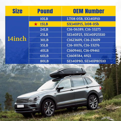 Chart showing 14 Inch 15lb Gas Struts Set for US General Toolbox Shocks Lt08-05b options with car and mountains in background.