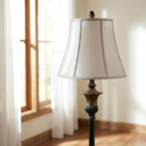 Sophia LED Floor Lamp Tall Mid Century Modern Style With Bell Shape Fabric Shade Bronze Finish For Bedroom And Living Room Decor