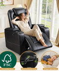 Woman relaxing in Power Recliner Chair With USB Ports And Cup Holders For Home Theater Vibes And Cozy Movie Nights In Overstuffed PU Leather Electric Seating With Hidden Arm Storage And Easy To Clean Black in a living room.
