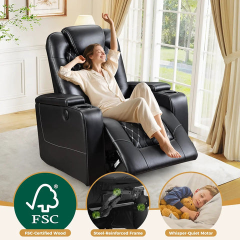 Woman relaxing in Power Recliner Chair With USB Ports And Cup Holders For Home Theater Vibes And Cozy Movie Nights In Overstuffed PU Leather Electric Seating With Hidden Arm Storage And Easy To Clean Black in a living room.