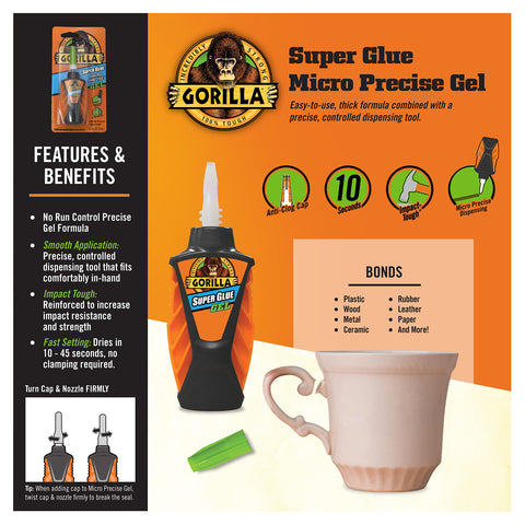 Micro Precise Gel Glue With Quick Set Cyanoacrylate Adhesive, Anti Clog Cap, Clear Finish, Precise Dispensing Tool, 5.5g Each, Pack Of 2 For Fast, Clean Repairs And Fine, On The Go Fixes packaging and features