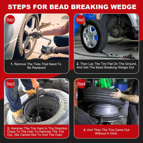 Steps for using Heavy Duty Bead Breaker Tool for tire removal and maintenance on vehicles; illustrating bead breaking process.