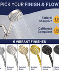 Display of shower heads in chrome, brushed nickel, polished brass, brushed gold, oil rubbed bronze, matte black with GPM options
