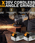 Badass 4 5 Inch Cordless Angle Grinder With 20V Brushless Motor And Dual Batteries Plus Charger in action with sparks.