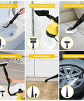 Heavy Duty Handheld Steam Cleaner For Deep Kitchen And Bath Scrubbing with nine attachments including bent nozzle and glass brush.
