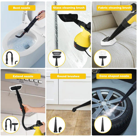 Heavy Duty Handheld Steam Cleaner For Deep Kitchen And Bath Scrubbing with nine attachments including bent nozzle and glass brush.