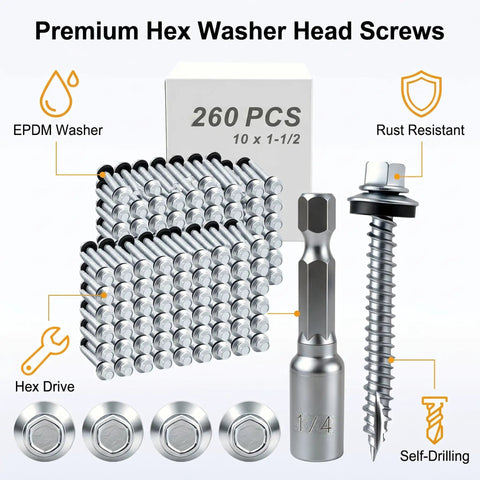 Size 10 X 1-1/2 Inch Metal Roofing Screws 260 Pack Hex Drive Self Tapping Fasteners With Rustproof Coating Tough As Nails For No Sweat Outdoor Construction Jobs