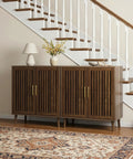 Must Have Farmhouse Style Sideboard Cabinet 31.5 Inch Wide with slatted doors, walnut finish in entryway under stairs