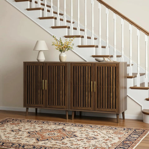 Must Have Farmhouse Style Sideboard Cabinet 31.5 Inch Wide with slatted doors, walnut finish in entryway under stairs