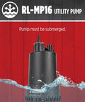 115 Volt 1/6 HP Submersible Utility Pump With 1300 GPH Flow, black pump surrounded by water, against red background