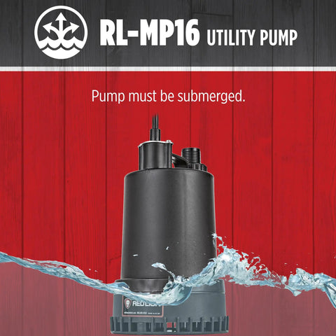115 Volt 1/6 HP Submersible Utility Pump With 1300 GPH Flow, black pump surrounded by water, against red background
